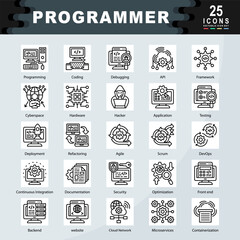 Programmer icon set containing Programming, Coding, Debugging, API, Framework, Cyberspace, Hardware, Hacker, Application, Testing icon. Simple line vector