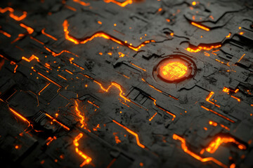 Aufkleber - Glowing orange energy flows through a dark, metallic, futuristic circuit board.