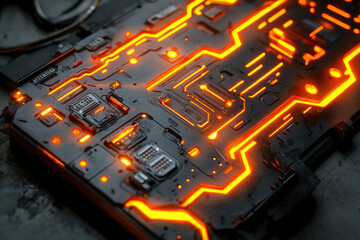 Aufkleber - Glowing orange circuits on a dark metallic surface, futuristic technology concept.