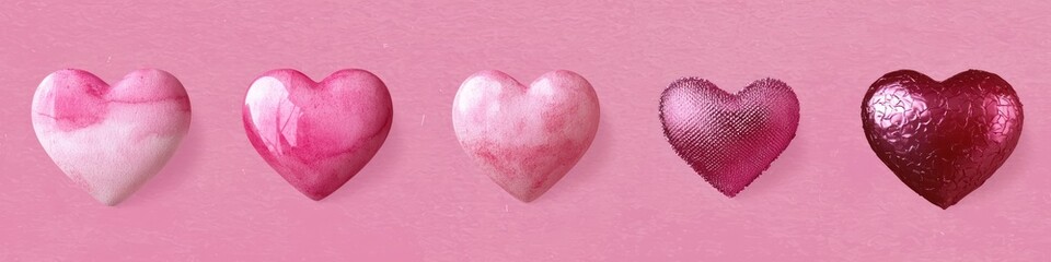 A high-resolution set of 5 pink hearts, each showcasing a different artistic design or texture (e.g., watercolor, metallic, woven, stitched, and smooth), isolated on a transparent background 