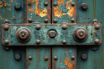 Poster - Rustic metal door with peeling paint and rusty hinges, showing age and texture.
