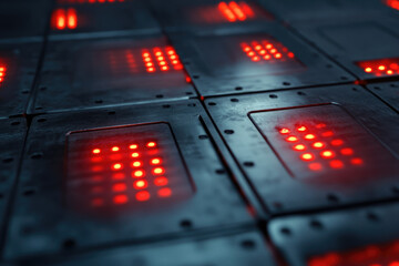 Aufkleber - A futuristic metallic surface with glowing red LED arrays, suggesting advanced technology or a control panel.