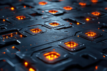 Aufkleber - Abstract digital circuit board with glowing orange components, showcasing intricate technological design.