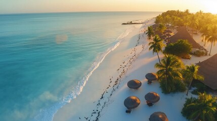 Wall Mural - Aerial view of a tropical beach resort at sunset, featuring palm trees, thatched umbrellas, white sand, and turquoise water, creating a serene and inviting atmosphere for a luxurious vacation