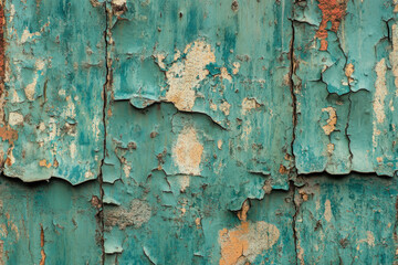 Poster - Weathered teal paint peels from aged metal surface, revealing rusty undertones and textures.