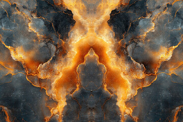 Aufkleber - Abstract symmetrical image of dark gray and orange marble texture resembling fiery veins.