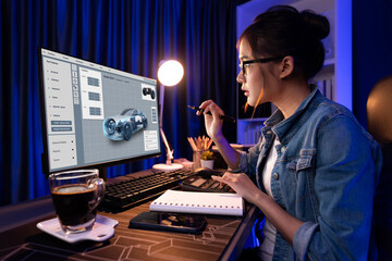 Electric car design software on computer screen showing simulation blueprint brisk by digital calculating application for manufacturing preparation