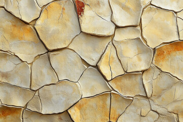 Aufkleber - Irregularly shaped, pale yellow and beige stone wall with cracked texture.