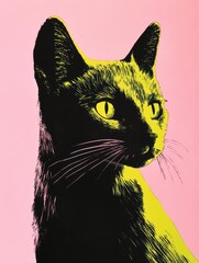 Wall Mural - Striking cat silhouette with vibrant colors against a pink background