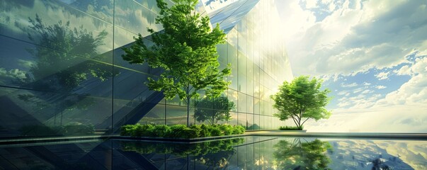 Sunlight reflecting off the windows of a modern office building surrounded by lush green trees and water