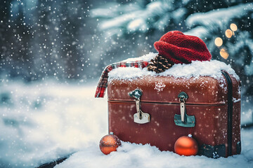 Wall Mural - Snowy travel scene with luggage and festive decorations, inspiring holiday travel themes