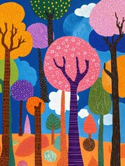 Wall Mural - Colorful tree landscape portrays a whimsical forest with vibrant patterns and textures under a bright sky