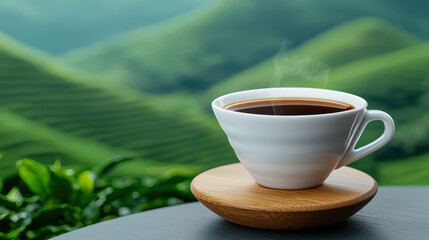 Wall Mural - steaming cup of coffee on wooden coaster with lush green hills in background