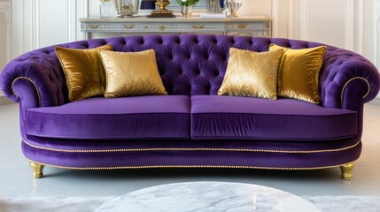 Wall Mural - Luxurious living room featuring deep plum velvet sofa complemented by golden cushions and a sleek marble coffee table for an elegant interior design