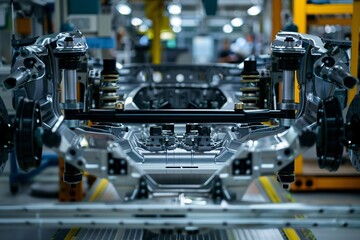 Poster - Automobile manufacturing factory assembly line constructing car frame chassis