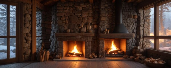 Wall Mural - Crackling fire in a wooden cabin with stone walls , fire, crackling