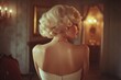 © wernerimages - A stunning rear view of a woman with vintage curls wearing a white dress captures timeless elegance and sophistication, surrounded by an ambiance of rich history and grace.