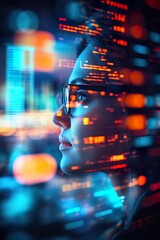 Focused female programmer analyzing code reflections in a vibrant digital environment