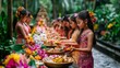 © authapol - A Vibrant Traditional Balinese Temple Ceremony with Young Girls Offering Colorful Offerings Amidst Lush Greenery and Floral Arrangements