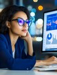 © AI Photo Stock - Woman Reviewing Financial Data on Computer - Businesswoman analyzes market trends, financial reports, and key performance indicators on a computer screen, symbolizing data analysis, strategic planning