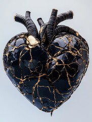 Poster - Black heart sculpture with gold veins and intricate design showcasing artful craftsmanship and emotional depth