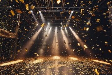 Poster - Spotlights shining on an empty stage with golden confetti cascading down