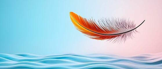Wall Mural - a vibrant orange feather gracefully floats above serene blue waves, creating a tranquil and artistic