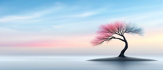 Wall Mural - a serene landscape featuring a solitary tree with pink and blue hues against a tranquil sky and wate