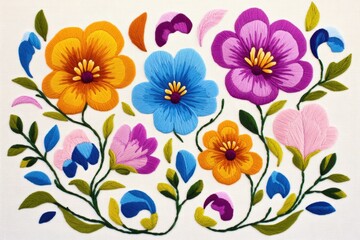 Wall Mural - Polish folk embroidery design featuring vibrant flowers and intricate details on cream fabric