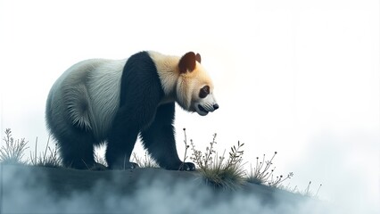 Panda basking in the golden light of a tranquil forest at sunset