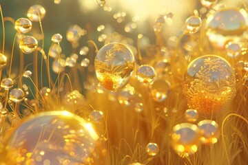 Fototapete - Golden bubbles floating and reflecting on golden grass at sunset