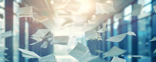 Poster - Paper documents swirling through the air in a contemporary office setting
