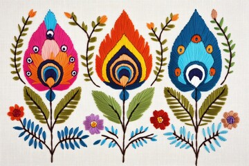 Wall Mural - Symmetrical Polish embroidery design featuring vibrant peacock feathers and floral accents on linen