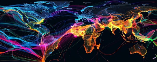 Aufkleber - Nighttime world map with illuminated lines connecting continents, symbolizing global data exchange and communication