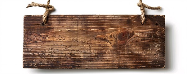 Aufkleber - Old empty wooden sign is hanging with rope on white background