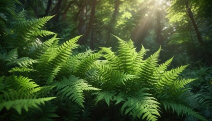 Ferns foliage green natural lush foliage background sunlight, natural scenery, forest