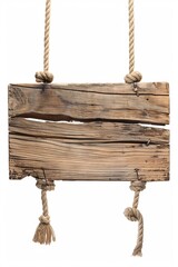 Aufkleber - Weathered wooden sign suspended by ropes against a white backdrop