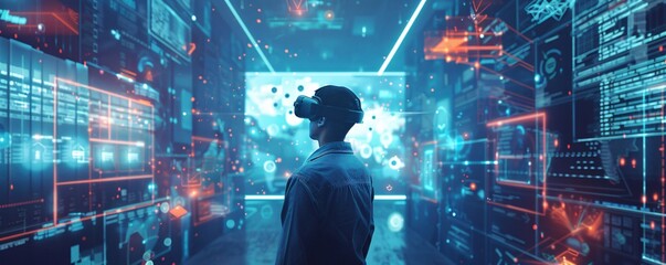Leinwandbilder - Immersed in a 3d virtual reality experience, a software developer wears a vr headset