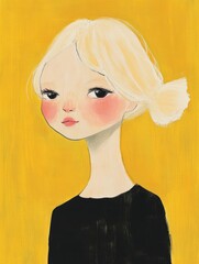 Wall Mural - Beautiful girl with blonde hair and soft features against a bright yellow background in a creative art style