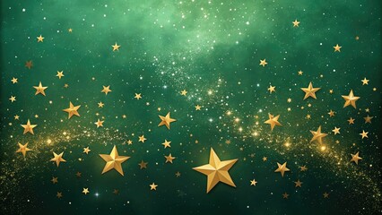 Cosmic night sky with golden star clusters and shimmering bokeh stars against a deep green background, galaxy scene, cosmic lights, starry night