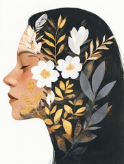 Wall Mural - Portrait of a woman with floral elements intertwined in her hair, showcasing nature's beauty and elegance