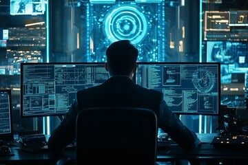 Cyber security expert analyzing code on a computer in an office filled with tech gadgets