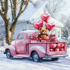 Pink vintage truck with heart for Valentine’s Day greeting card design.