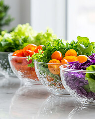 Canvas Print - Fresh Vegetables in Glass Bowls on a Bright Surface Near a Window