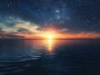 © Black Bunny - A captivating sunset over the sea, with stars beginning to shine brightly in the darkening sky. The calm water mirrors the starry sky above, creating a serene and surreal reflection.
