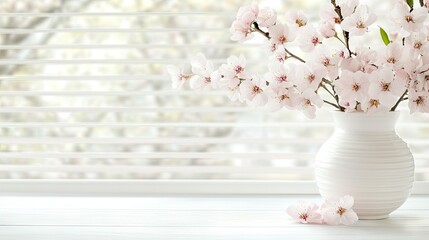 Wall Mural - A stunning arrangement of cherry blossom branches sits gracefully in a white vase beside a window adorned with blinds, all illuminated by the warm sunlight of a cheerful spring day