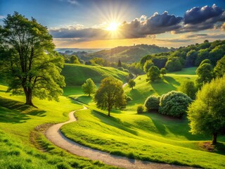 Canvas Print - Serene Hillside Park: Winding Path Through Lush Green Landscape