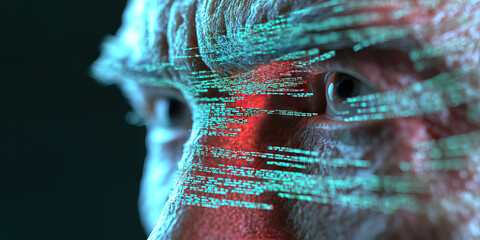 Human Face Overlaid with Digital Code