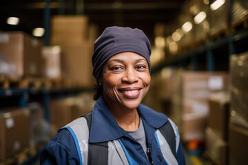 Wall Mural - Portrait of a middle aged female African American warehouse worker