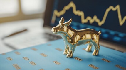 Canvas Print - Golden bull figurine on financial report with stock market graph on laptop screen.